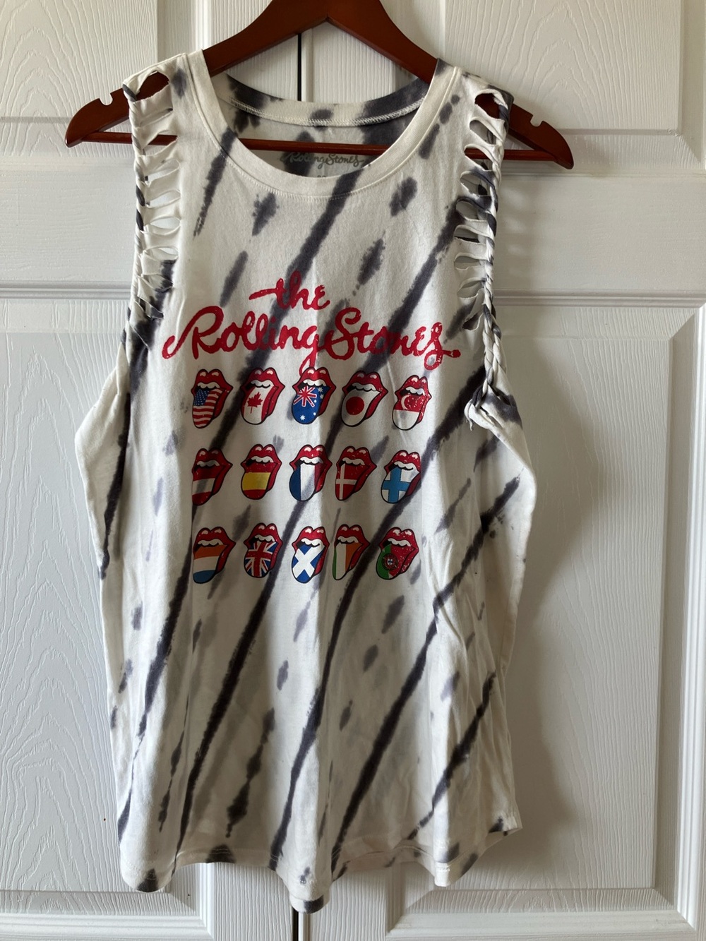 The Rolling Stones White & Black Tie-Dye Cutout Tank with Red Logo